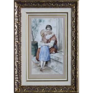 M. SAILLARD "Mère et enfant" 1892 aquarelle 29x17,5